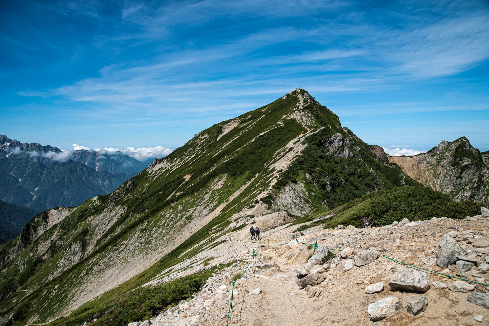 青空の下、唐松岳へと続く稜線の登山道と岩場の風景