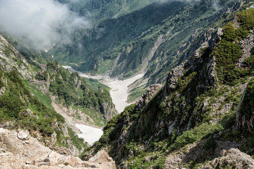 唐松岳のキレット縦走で見る唐松沢の残雪と岩場