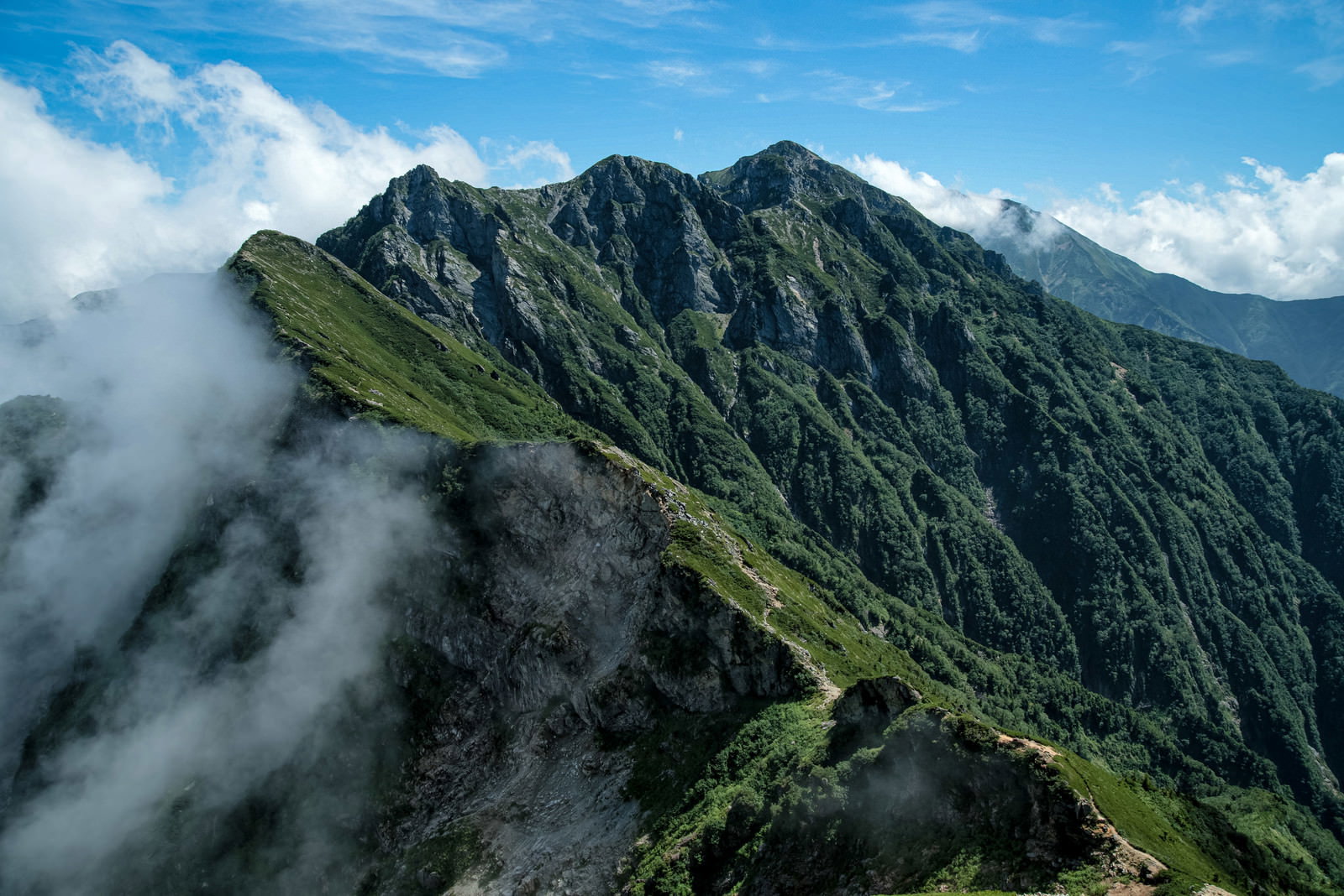 白馬三山側から撮影した不帰キレットの険しい岩稜と雲海に包まれた山々の風景