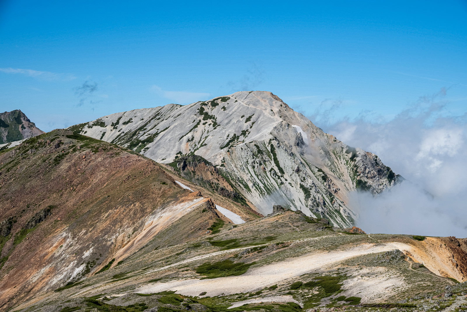 青空の下、白馬鑓ヶ岳へと続く岩稜帯の登山道