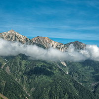 八方池から見る白馬三山とキレット縦走路、白馬鑓ヶ岳の写真