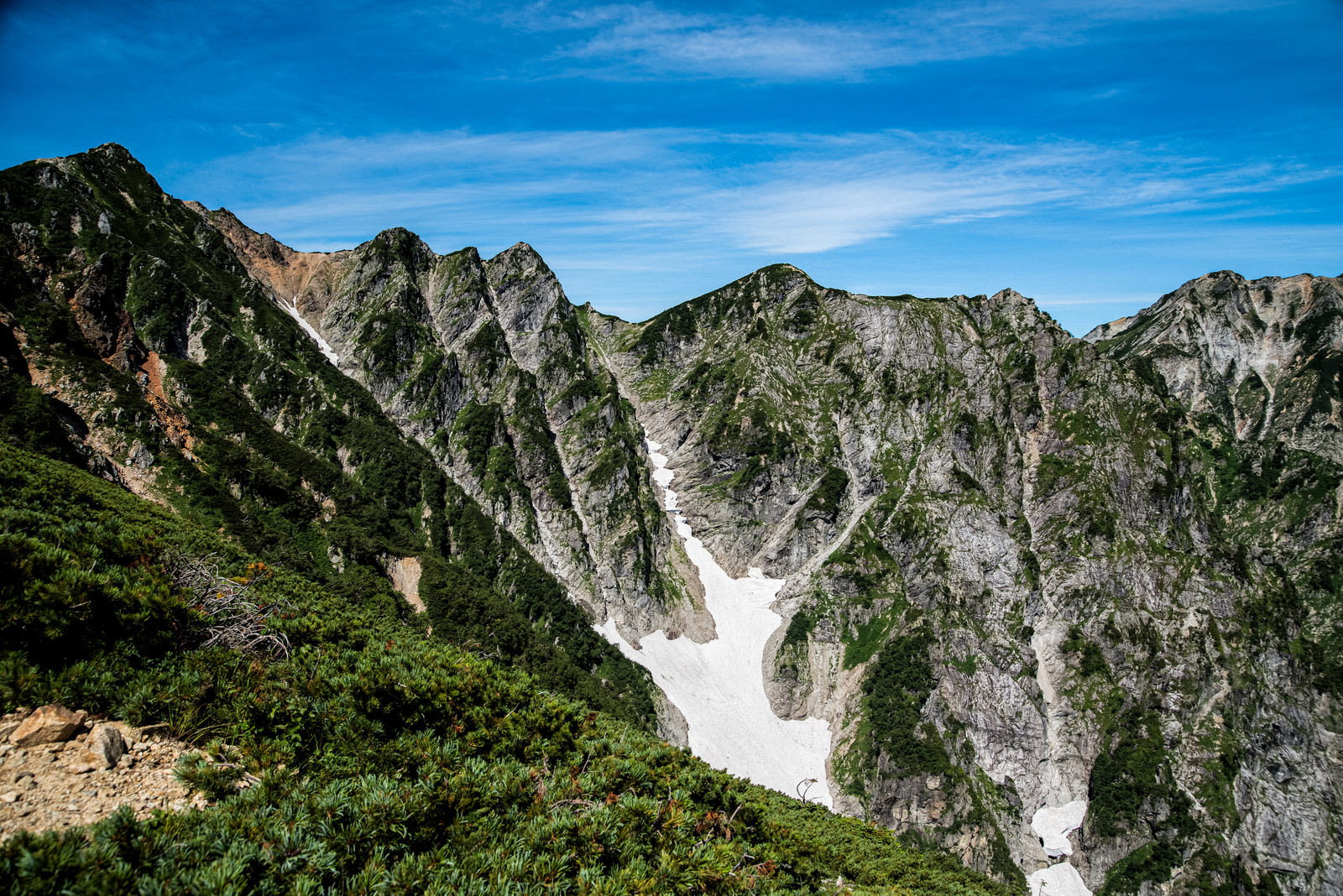 八方尾根上部から見た不帰キレットの険しい岩峰群