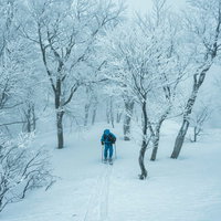 雪化粧した雪山のシュプールをなぞる登山者の写真