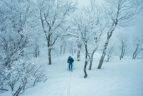 雪化粧した雪山のシュプールをなぞる登山者
