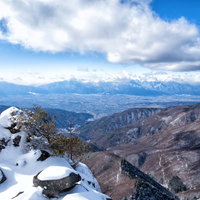 王ヶ鼻からの大展望、雪に覆われた崖沿いの岩場と雪山の連なり（美ヶ原）の写真