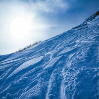 青空の下、雪の深いシュプールが輝く未圧雪斜面の写真