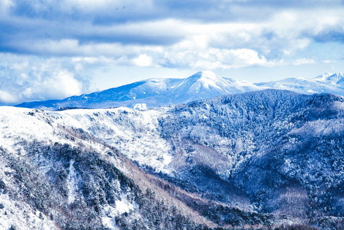 美ヶ原の雪原から望む雪化粧した蓼科山と朝日