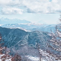 一月の美ヶ原から見える富士山方面の絶景と樹氷の写真