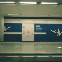 空港ターミナルの乗り継ぎ廊下、蛍光灯照明の長い通路の写真