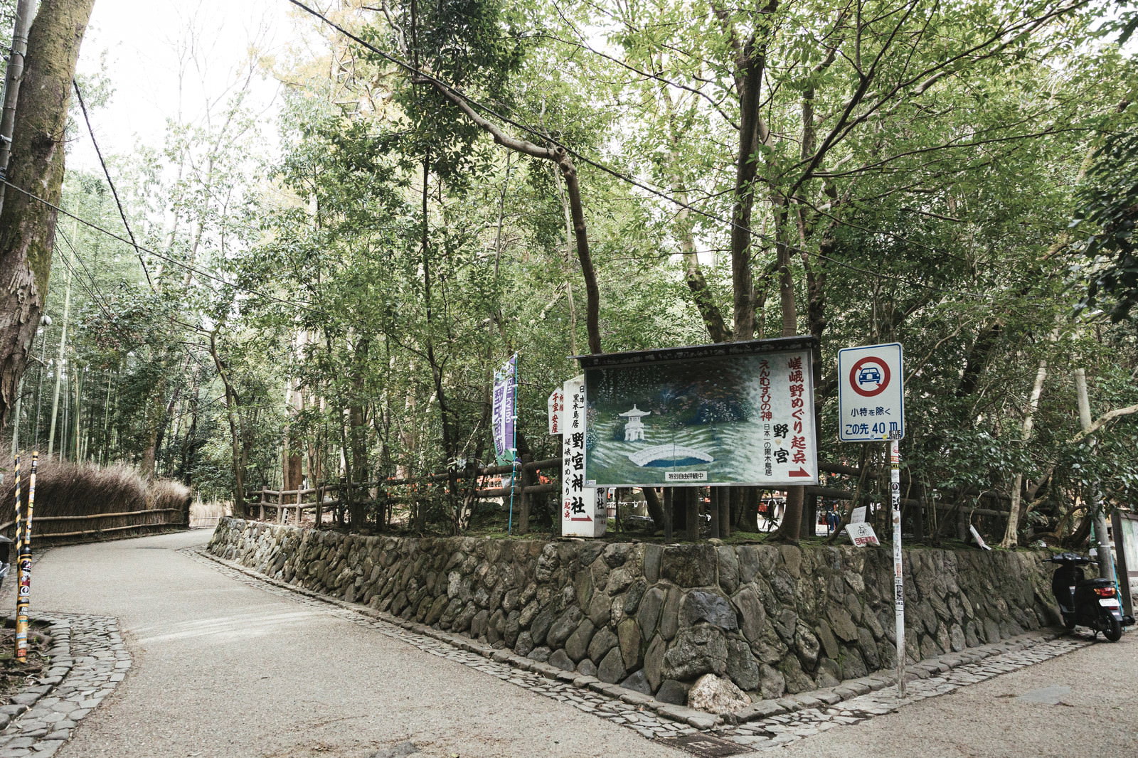 京都嵐山の野宮神社前の参道に立つ案内看板と竹林