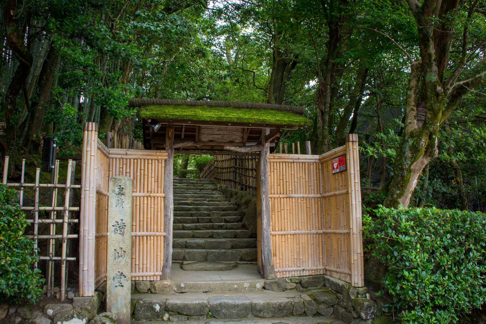 京都詩仙堂の竹垣と苔屋根の入口