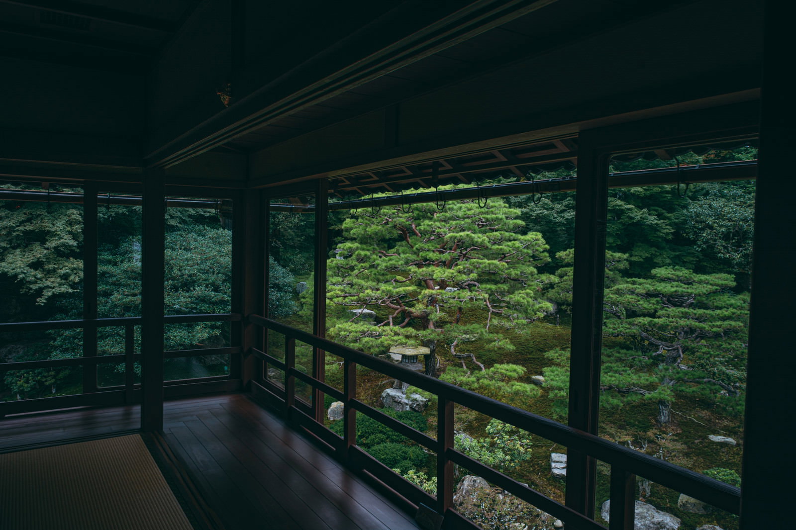 二階座敷の畳の上から縁側越しに緑豊かな日本庭園を見下ろす風景