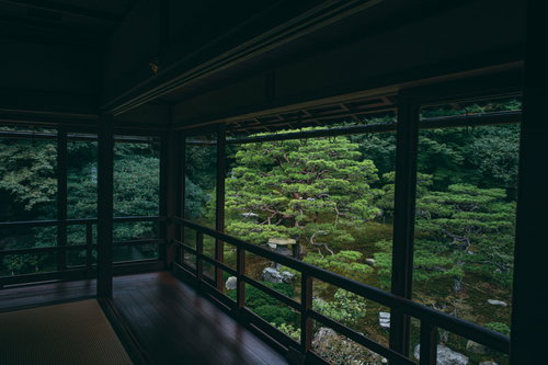 二階座敷から緑美しいお庭を見下ろす