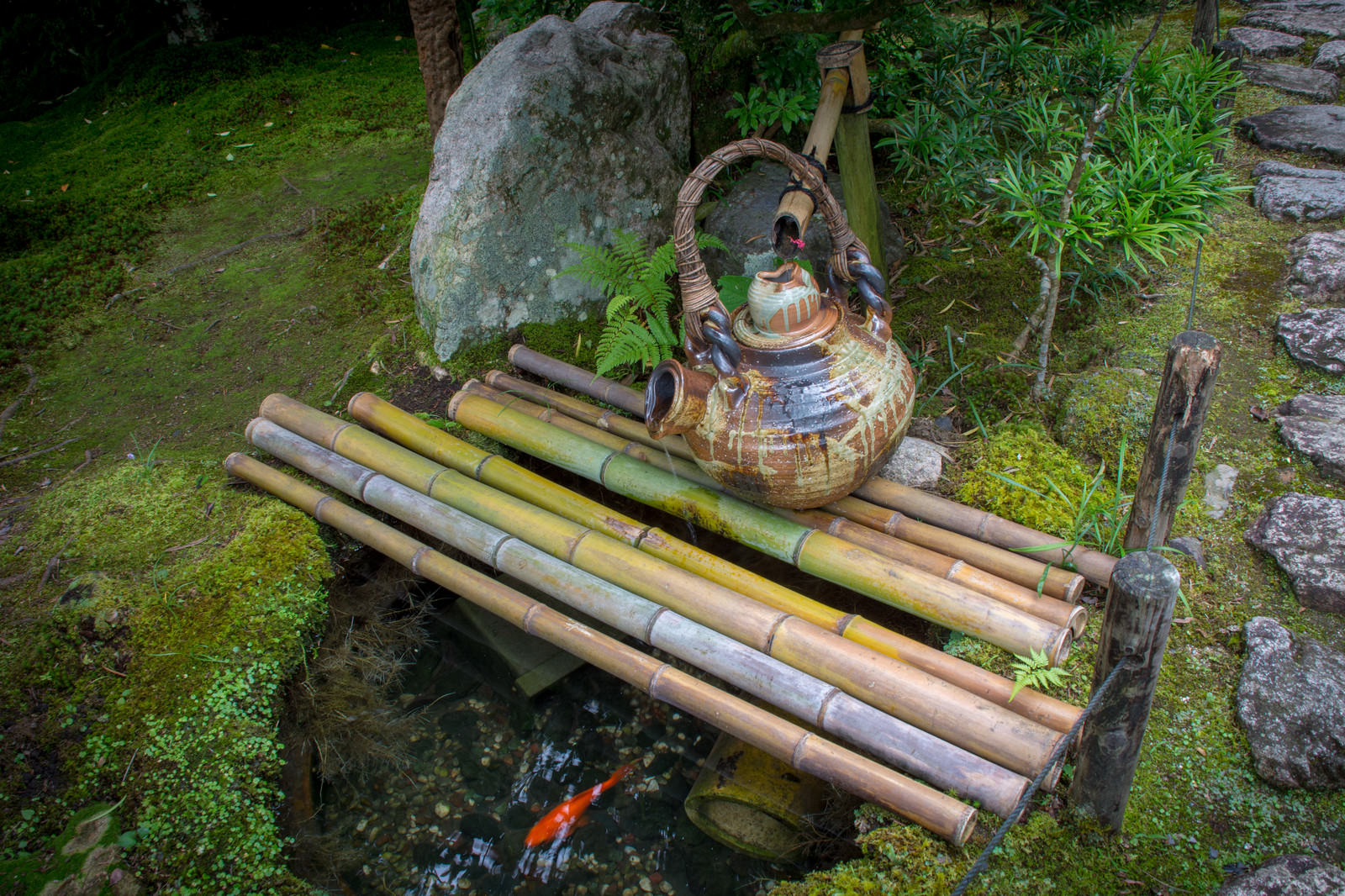Small pond and stone lanterns, bamboo fences in a Japanese garden