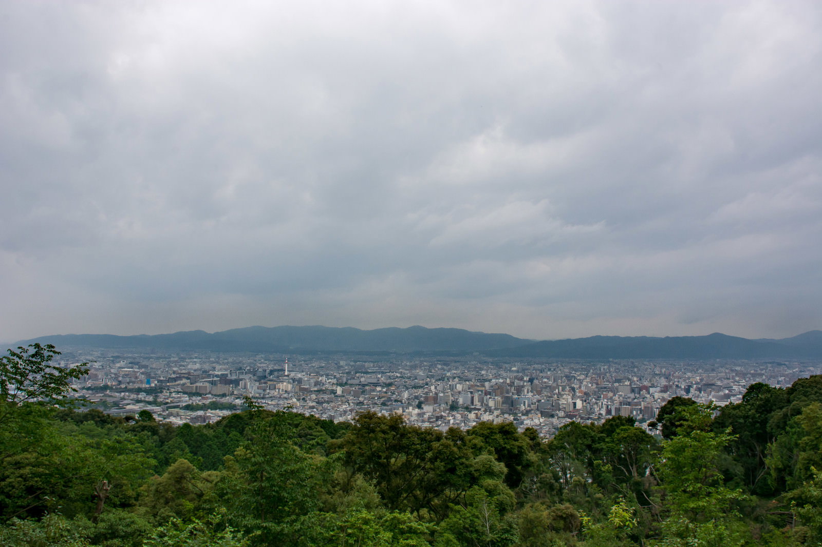 曇り空の下、展望台から眺める京都市街地の風景