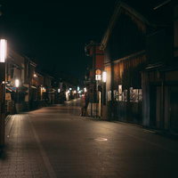 石畳の路地に街灯が灯る夜の祇園の街並みの写真