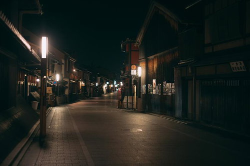石畳の路地に街灯が灯る夜の祇園の街並み