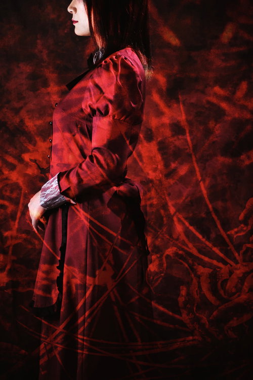 赤色の世界に立つ女性の横顔シルエット、フォトモンタージュ表現