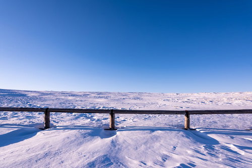 雲一つない青空と雪原に続く木製の柵