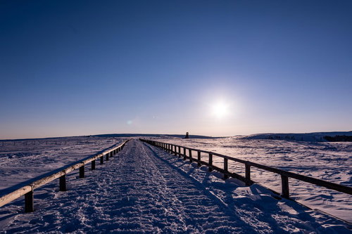 どこまでも続く雪原の道、木製の桟橋。冬の風景