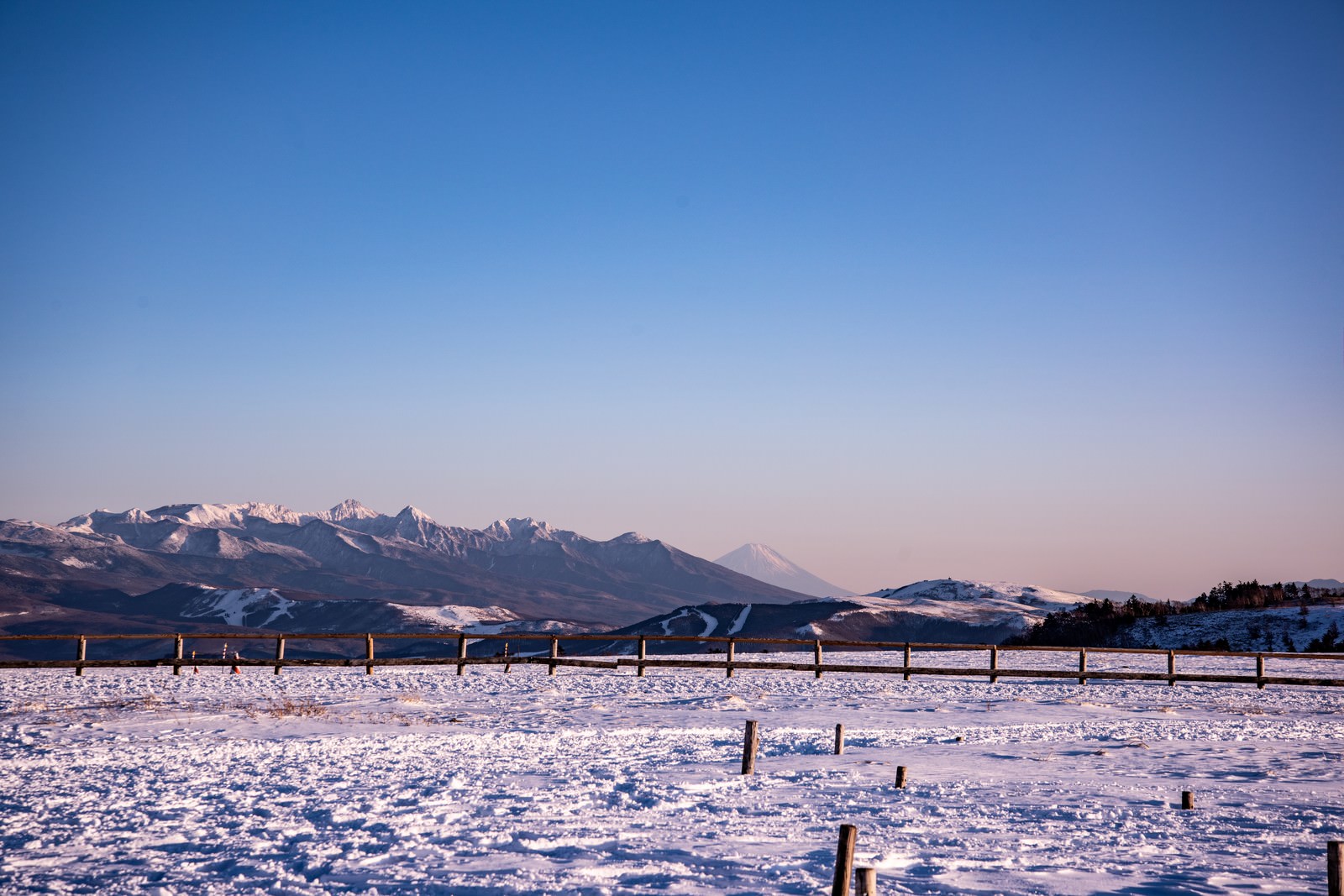 雪に覆われた広大な雪原の奥に雪化粧した富士山が見える冬の風景