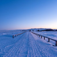 冬の美ヶ原高原、雪原を貫く一本道と夜明け前の空の写真