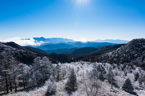 冬の樹氷が雪化粧する美ヶ原の遠景