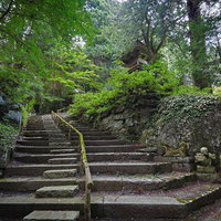苔むした石段と石像が残る東堂山満福寺の鐘楼参道の写真
