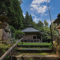 苔むした灯籠と参道が続く東堂山満福寺の境内の写真