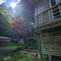 光芒差す福島県小野町の東堂山満福寺の境内風景の写真