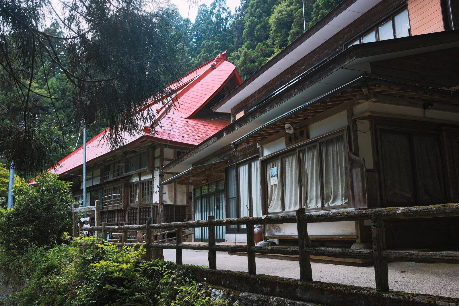杉木立に囲まれた赤い屋根の社と奥の本堂がある東堂山満福寺の境内