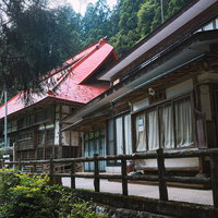 赤い屋根の社と緑に囲まれた東堂山満福寺境内の写真