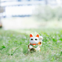 緑の芝生の上に置かれた白い幸運の招き猫、右手上げの写真