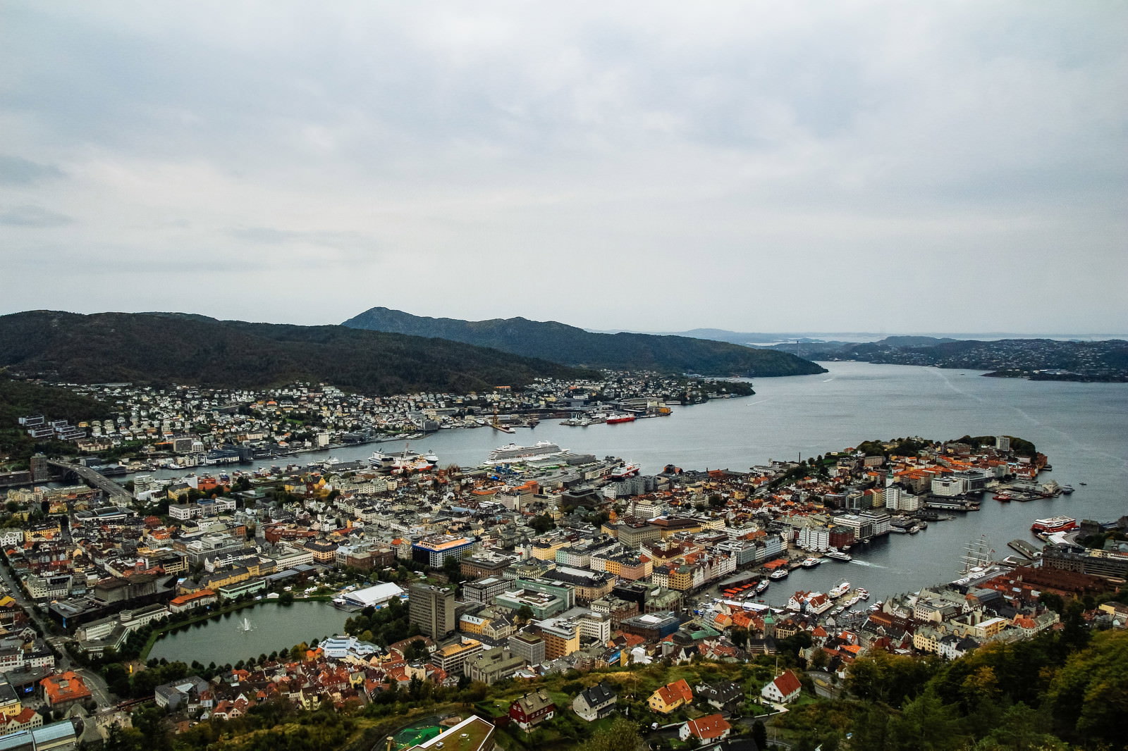 フロイエン山の山頂から見下ろすノルウェー・ベルゲンの街並みと港の風景