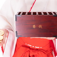 保有するビットコインを賽銭箱に投入する巫女の写真