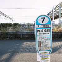 JR三鷹駅の跨線橋前にある青いバス停標識の写真
