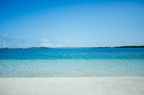 宮古島の四層の風景、エメラルドグリーンの海と白い砂浜