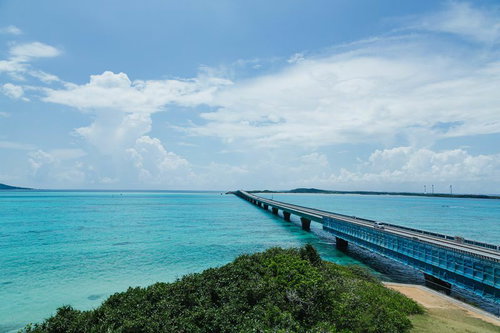 青い海へと続く伊良部大橋と白い砂浜、エメラルドグリーンのリゾート風景