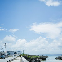 宮古島の堤防脇に立ち並ぶ電柱と海の風景の写真