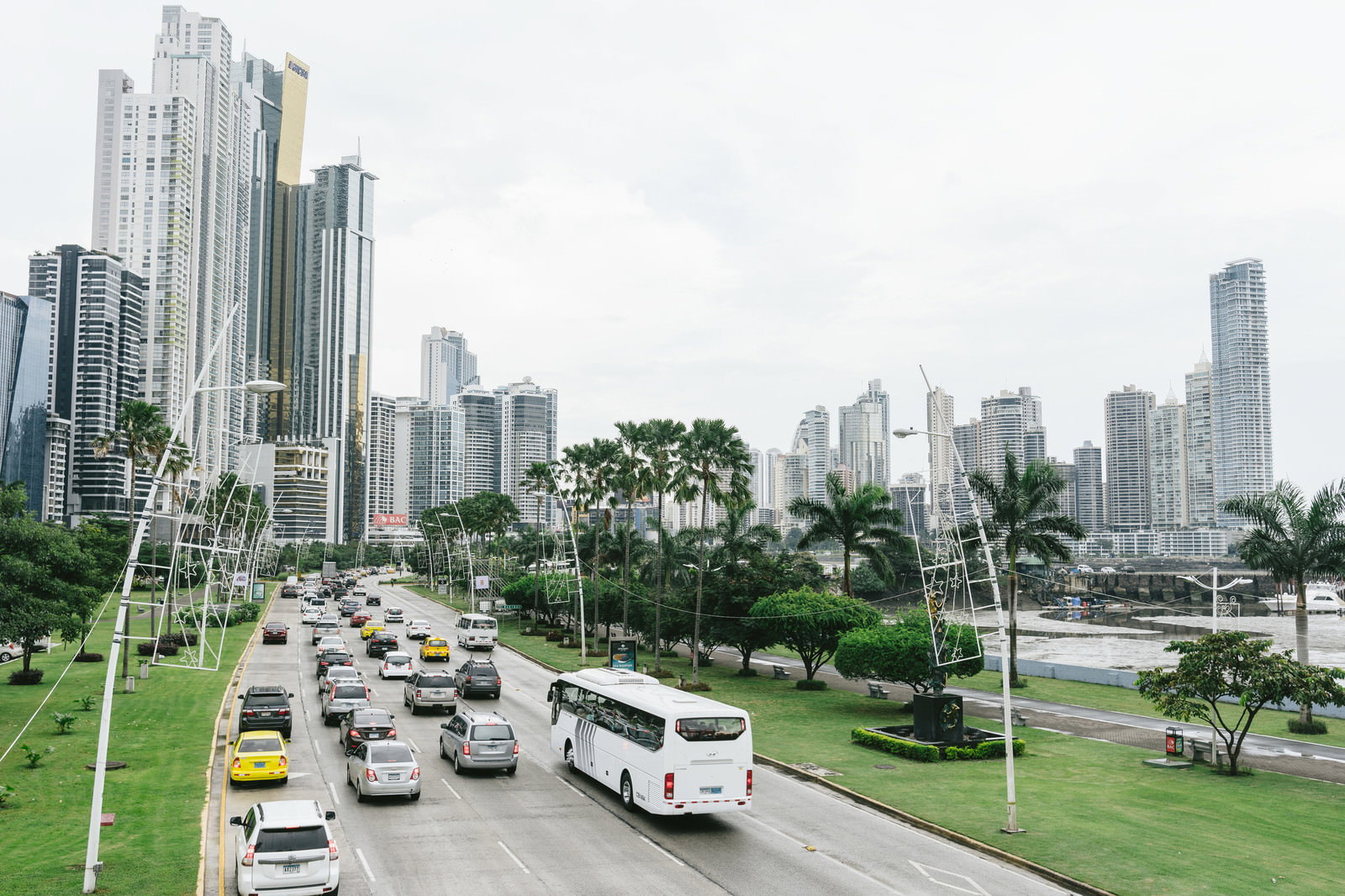 パナマシティの都市風景。高層ビル群の向こうに緑地帯とヤシの木、渋滞する道路と川