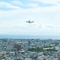 市街地の上空を旋回する白い旅客機の飛行風景の写真