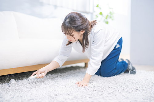 ソファーの下を念入りにコロコロクリーナーで掃除する女性