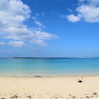 開放的な沖縄の海を楽しむバカンス、透明度の高いエメラルドグリーンの海岸の写真