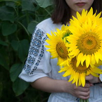 両手いっぱいの向日葵を持つ女性の写真