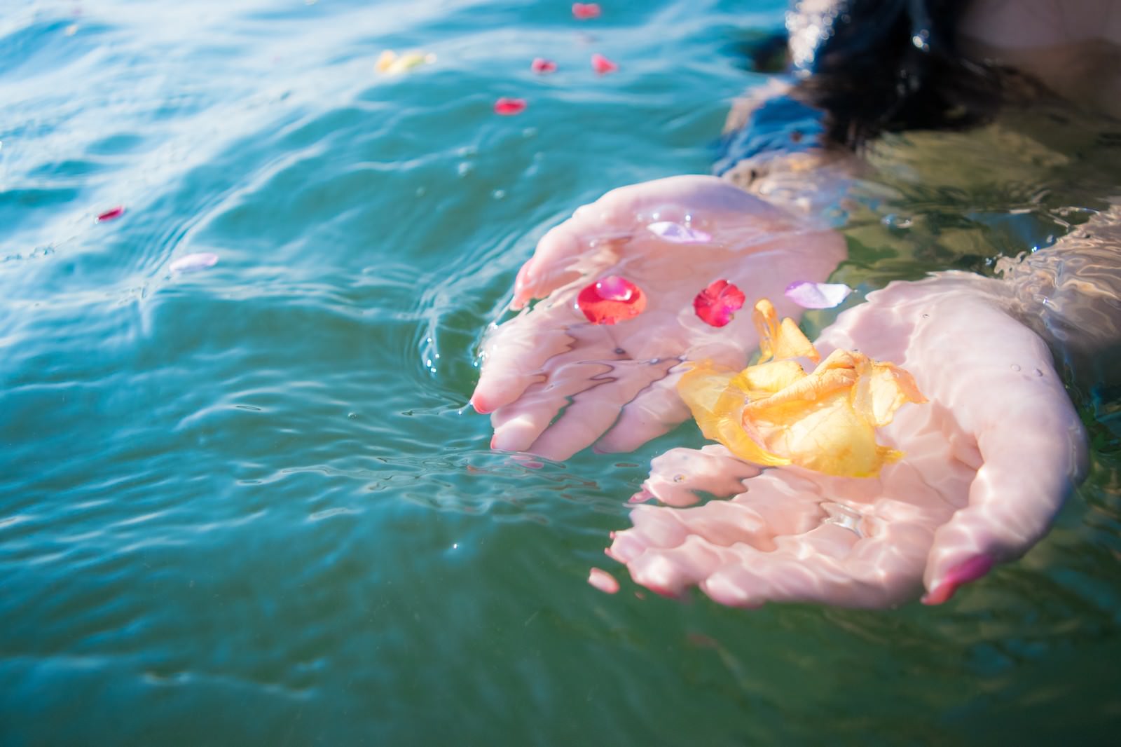 透明な水面に浮かぶカラフルな花びらを女性の手が優しくすくいあげている