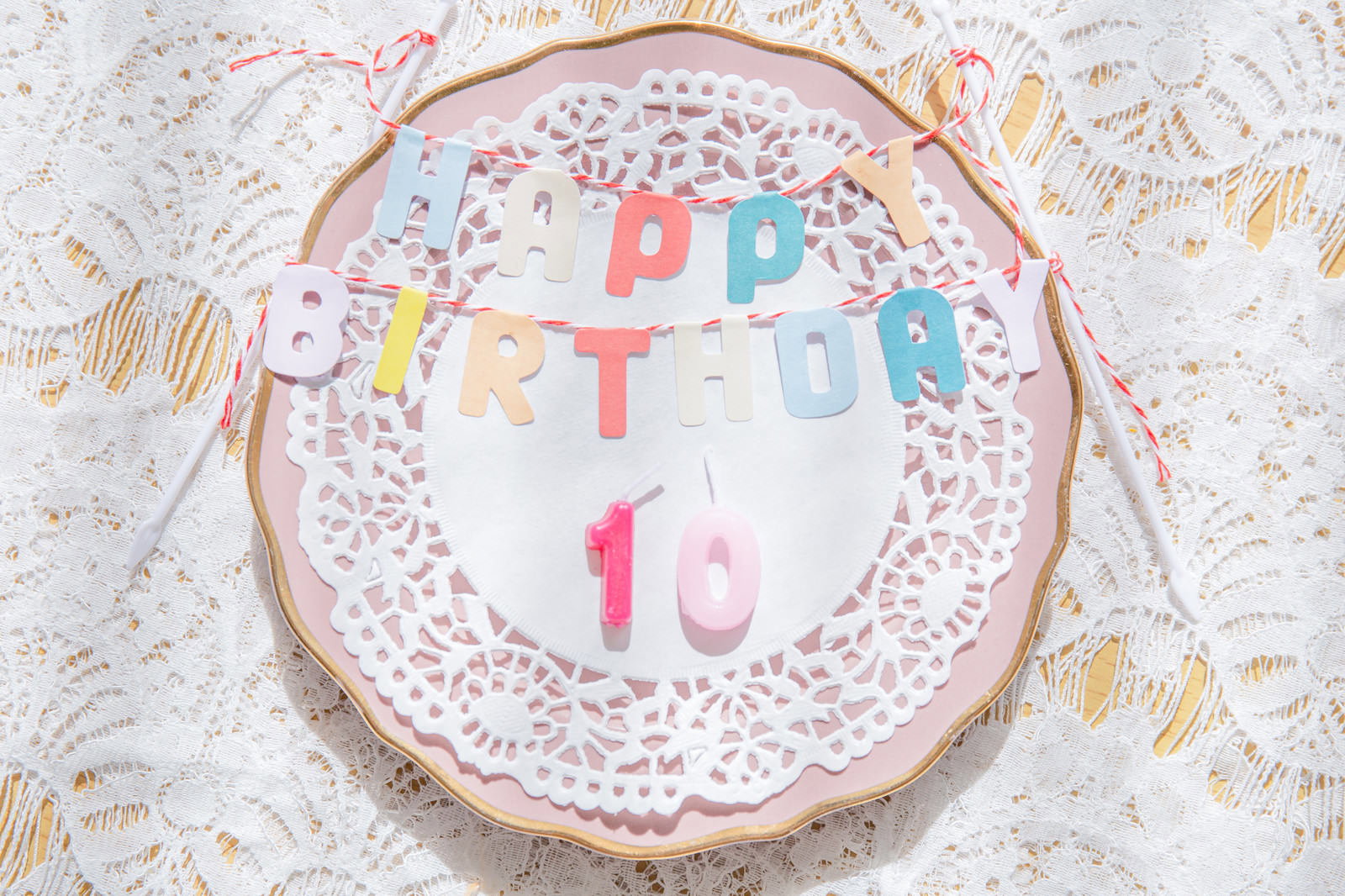 HAPPY BIRTH DAY 10THと書かれたカラフルな文字がレースペーパーの上に並ぶバースデープレート