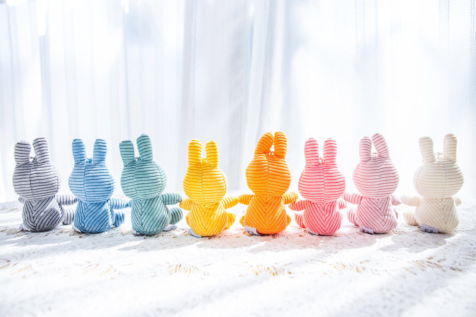 カラフルなうさぎのぬいぐるみ8体が後ろ姿で並ぶ