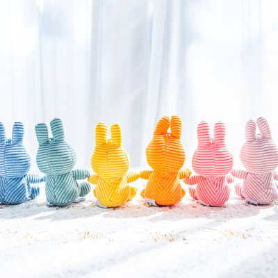 10体のうさぎのぬいぐるみ（カラフルボーダー）後ろ姿の写真