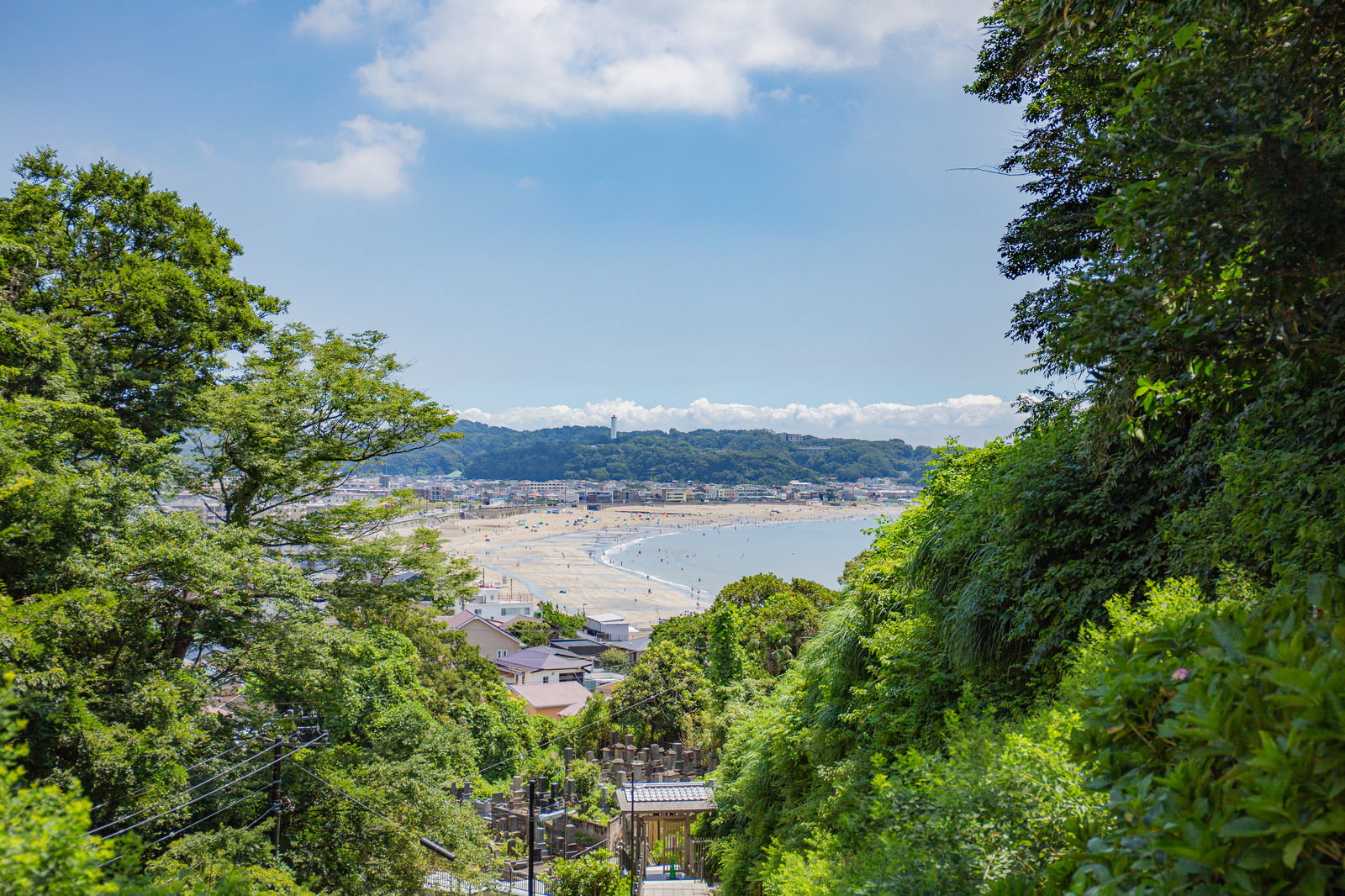 成就院から見下ろす夏の由比ヶ浜海岸の風景
