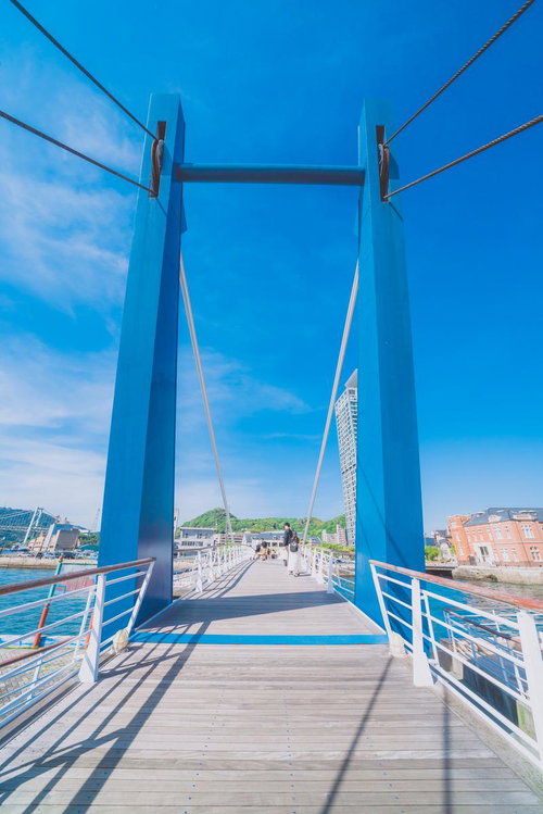 恋人たちの聖地ブルーウィングもじの跳開橋を仰ぎ見る門司港